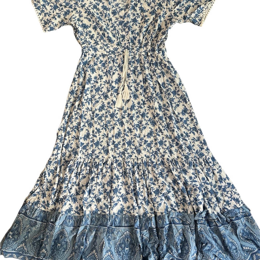Casual Women's Blue Floral Cotton Kaftan with Tassel Waist